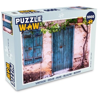 MuchoWow Puzzle Vintage - Tür - Haus - Blau - Baum, 1000 Puzzleteile, Foto-Puzzle, Bilderrätsel, Puzzlespiele, Klassisch bunt
