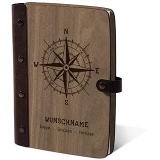 Personalisiertes Notizbuch Holzcover mit Echtleder Rücken 72 Blatt | 144 Seiten A5 hoch 158x222mm Nussbaum Amerikanisch - Kompass