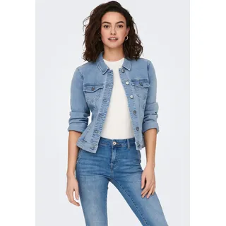 Jeansjacke ONLY "ONLWONDER – Jeansjacke mit Teilungsnähten und Stretch", Damen, Gr. L, blau (light blau denim), Denim/Jeans;Web;Twill, Obermaterial: 79% Baumwolle, 20% Polyester, 1% Elasthan, unifarben, figurumspielend taillenbedeckt, 1-Knopf-Manschette, Jacken Jeansjacke, sehr figurbetont, casual, Denim, Baumwollmischung, Brusttaschen