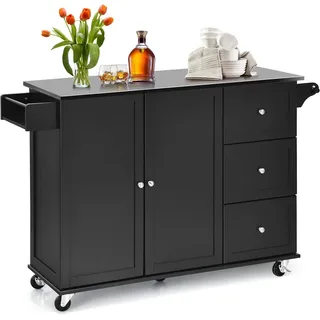 KOMFOTTEU Küchenwagen Kücheninsel, mit Arbeitsplatte & Handtuchhalter, 135 x 45,5 x 91,5 cm schwarz
