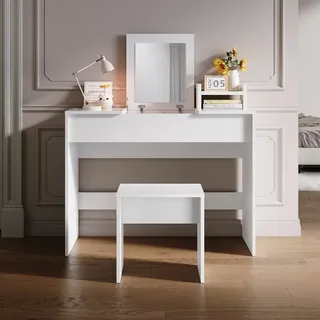 Weißer Klappspiegel Schminktisch Set Platzsparendes 2-in-1 Tischdesign Mit Hocker 1000x450x760mm - Sonni