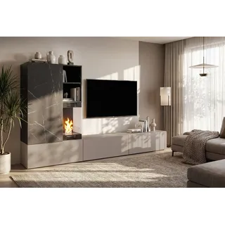 ASM-Moebel Wohnwand Anbauwand Wohnwand GINA mit Push-Click und Bio-Ethanol Kamin, Mit Bio-Ethanol Kamin und Push-Click System. grau