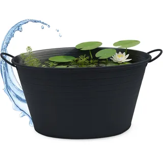 Spetebo Metallwanne oval mit Griffen 59 x 36 cm - schwarz - Garten Metall Zierteich Wasserwanne - Mini Gartenteich Teichwanne Balkonteich Blumenkübel Pflanzkübel Blumentopf Pflanztop Deko Kübel