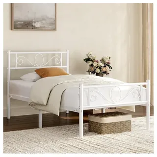 Yaheetech Bettgestell Metallbett mit Kopfteil, Einzelbett/Doppelbett Metallbettrahmen, 90/140/160 cm (B) weiß 96.5 cm x 196.5 cm