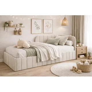 MOEBELPAKET.de Bett Mario 90x200 cm, Metallrahmen, Oeko-Tex, Beige, Links | Betten Mario, Polsterbett, Jugendbett mit Bettkasten, Eleganter Riviera-Stoff