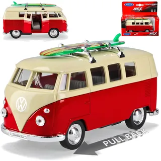 Welly Volkwagen T1 Rot Weiss mit Surfbrett Samba Bully Bus 1950-1967 ca 1/43 1/36-1/46 Modell Auto mit individiuellem Wunschkennzeichen