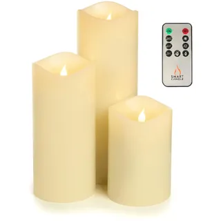Smart Candle LED Echtwachskerzen Set – flammenlos mit Smart Flame 360° & bewegender Flamme, Timer & Fernbedienung – 3er Set für Hotel, Gastronomie, Spa (12cm, 17cm, 22cm)