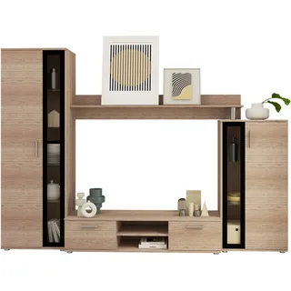 Mirjan24 Wohnwand Bentley, Praktische Anbauwand, Schrankwand, Mediawand, mit viel Stauraum, Top-Qualität (Country Oak Grey/Schwarz, ohne LED Beleuchtung)
