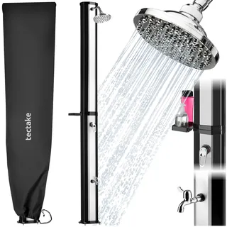 TecTake® Solardusche 35 l, bis 60° C warmes Wasser, drehbarer Regenduschkopf, mit Gartenschlauch-Anschluss und Wasserhahn, Solar Dusche Garten, Gartendusche, Camping Dusche - schwarz/Silber