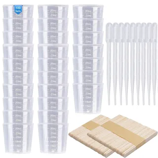 Messbecher Epoxidharz Set 100STK Messbecher Klein Plastik 30ml 100STK Holzstäbchen zum Basteln 100STK Pipetten Plastik 3ml, Messbecher Mischbecher für Mischen von Harz, Stain, Epoxy und Farbe(300STK)