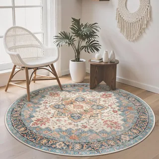 GENIMO Runder Vintage Teppich Korallenblau fürs Wohnzimmer, Ø 120 cm