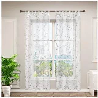 Woltu - Gardinen transparent Blumen Stickerei mit Schlaufen Leinen Optik(2 Stücke) grau 140x245 cm