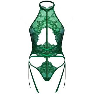 LOVE YOU SEXY Damen Spitze Bodysuit mit Strumpfband Gürtel, Halter Hals rücklos Body ein Stück Bodysuit Dessous Smaragdgrün S