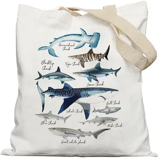 APJYM Strand-Hai-Canvas-Tragetasche, Hai-Arten-Tragetasche, Hai-Geschenke für Hai-Liebhaber, Hai-Themen-Geschenke, Meerestier-Geschenke, wiederverwendbare Einkaufstaschen, adrette Geschenke, Weiß, Sy2 - Einheitsgröße