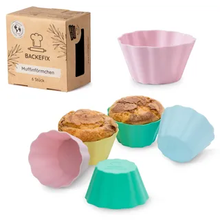 Backefix wiederverwendbare bunte Muffinförmchen Silikon BPA frei im 6 Set, Muffin Formen antihaftend ohne Einfetten, stabil & dickwandig, Muffinform einzeln je 7,5 x 4cm groß XXL