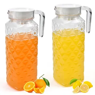 ADERTOS 2 Stücke Wasserkrug 1.1Liter Wasserkaraffe Plastik Krug mit Deckel Transparente Wasser Krüge Kunststoff Eistee Krug mit Griff Plastik Getränkekaraffe für kühlschrank für Kaltes Heißes Wasser