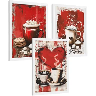 POSTER 3er Set Schokolade und Kaffee Wandbilder Marshmallows Zuckerstange Rote Pop Art Küche Wanddeko Rahmenlos A4