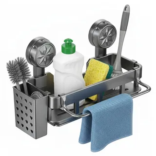 Alyxen Spülbecken Organizer,Spülbecken Caddy Organizer,Multifunktionaler Organizer Küchen mit Abflusspfanne,Abnehmbarem Spültuchhalter und Aufbewahrungsbox,Saugnapf Schwammhalter Küche