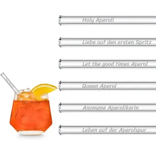 HALM Aperol Spritz Sprüche Glas Strohhalme Holy Aperoli Edition 15 cm - 6 lustige Trinksprüche graviert inkl. Bürste Glastrinkhalm