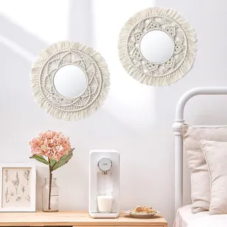 Boho Wandspiegel 33cm rund, Makramee Fransen, Dekoration für Wohnzimmer Schlafzi