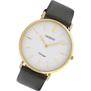 Oozoo Vintage Damenuhr mit Lederband Flach 40 MM Goldfarben / Weiß / Silbergrau