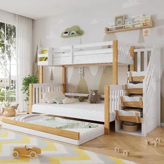 Merax Etagenbett Kinderbett mit Rollbett, Treppe mit 4 Schließfächern, beweglichem Regal, Fallschutz, Türpaneel-Design, Kiefer + MDF, Weiß & Natur, 90x200cm & 120x200cm