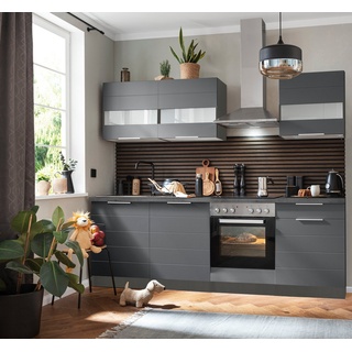 Kochstation Küche KS-Luhe, 240 cm breit, wahlweise mit oder ohne E-Geräten, gefräste MDF-Fronten grau