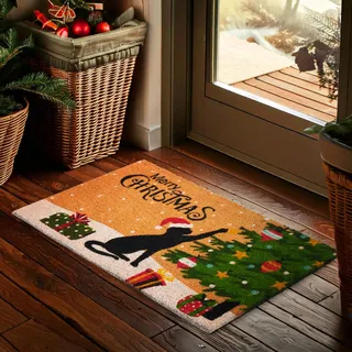 BRUBAKER Weihnachtsfußmatte - Katze mit Weihnachtskugel Merry Christmas | Fußmatte für Außen & Innen - 45 x 75 cm Schmutzfangmatte mit Weihnachtsbaum - Fußabtreter Wetterfest & Rutschfest