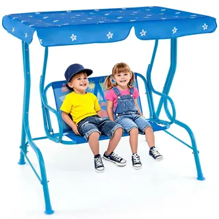 GOPLUS Hollywoodschaukel Kinder Outdoor, 2-Sitzer Terrassenschaukel mit verstellbarem Baldachin & Sicherheitsgurten, Kinderschaukel für Kinder ab 3 Jahren, ideal für Hinterhof, & Rasen (Hellblau)