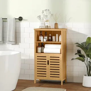 kleankin Badezimmerschrank, Unterschrank mit Lamellentüren, Badschrank, Bambus