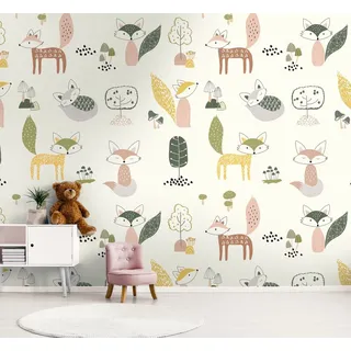 living walls Fototapete Bunte Kinderzimmertapete mit Waldtieren, glatt, matt, gemustert, neutral, (1 St), Waldtapete Fototapete Tapeten Kinderzimmer Schlafzimmer Design Optik bunt|grün