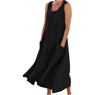 AACH Damen Leinenkleid Sommer Kleid Baumwolle Leinen Freizeitkleid Knielang Strandkleid U-Ausschnitt Sommerkleid Ärmelloses Boho Leinenkleider Einfarbig Strandkleider mit Taschen Kleider - 3XL