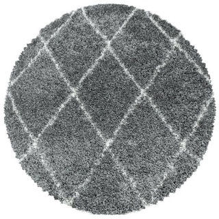 Hochflor-Teppich Rauten Design, Carpetsale24, Rund, Höhe: 30 mm, Runder Teppich Wohnzimmer Geometrisch Design Shaggy Langflor grau