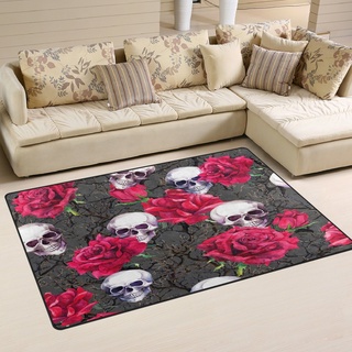 Use7 Teppich mit Totenkopf-Motiv, Rose, Blume, Zweig, rutschfest, für Wohnzimmer, Schlafzimmer, 50 x 80 cm