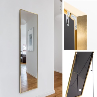 Rechteckiger Ganzkörper Standspiegel schmal 50x140cm, eingefasst im edlen goldenem Aluminium Rahmen - kristallklare Spiegelung mit High-Definition-Glas - für Schlafzimmer, Bad, Flur, Wohnzimmer