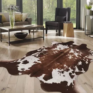 WARM HAVEN Kuhfell-Teppich aus Rindsleder: Kuhfell-Teppich für Wohnzimmer, Schlafzimmer, 12 x 150 cm – Tierdruck, Schwarz und Braun