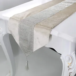 Deggodech Luxus Samt stilvolle atmosphäre minimalistischen modernen Diamanten Tischläufer/Tischdecke Couchtisch Tuch und Zwei Quasten (32 x 185 cm) (beige)