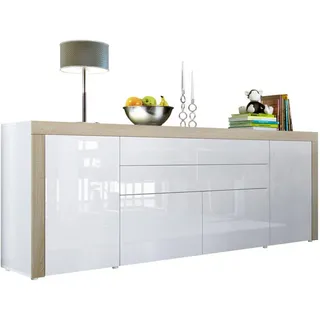 Vladon Sideboard La Paz 200 x 72 x 35 cm Weiß Hochglanz / Eiche sägerau
