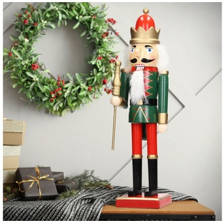 ECD Germany Nussknacker Weihnachten Holzfigur König Puppet Marionette Ornament Nussbrecher, 25cm rote Krone Zepter aus Holz Unikat handbemalt König grün|rot|schwarz