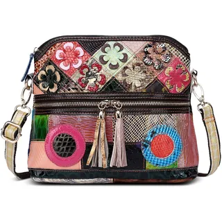 DIRRONA Umhängetasche Damen aus Leder – bunte Crossbody Bag im Vintage Patchwork-Design, Tasche für Damen perfekt für Arbeit, Reisen & Alltag Bunt Kreis