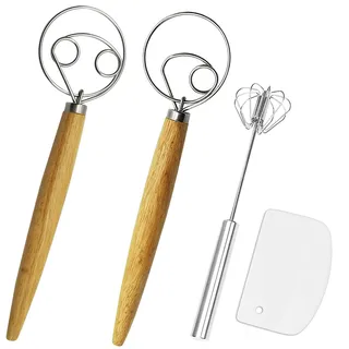 Listenman Dänischer Teigbesen, Brot-Rührbesen und Schneebesen, 2 Stück Premium-Edelstahl-Schneebesen & 1 Packung Hand-Push-Schneebesen mit einem Teigschaber für Brot, Gebäck oder Pizzateig Schneebesen