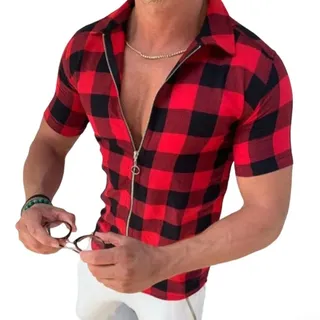 Kurzärmeliges kariertes Hemd für Herren mit Reverskragen, durchgehendem Reißverschluss und Polyester-Spandex-Mischgewebe für den täglichen Gebrauch (M Rot)