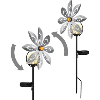 LED Solarlampe Windrad Gartendeko Terrassenlampe silber grau Außenlampe Erdspieß, Metall gelb, Bruchglas, warmweiß, LxH 20x50 cm