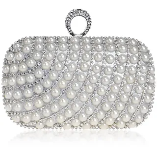 CWYPB Damenhand Perlentasche, Damen Wunderschöne Luxus Handgemachte Perlen Strass Abend Clutch Handtasche, Silber