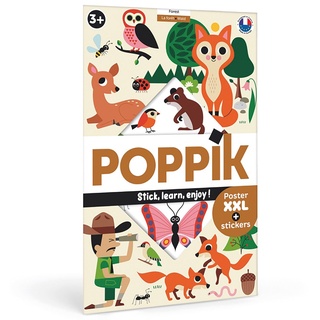 POPPIK 1841224 Sticker-Poster, Wald, interaktives Lernposter mit Aufklebern, mehrsprachiges Tierposter, für Kinder ab 3 Jahren, 68 x 100 cm, Weiß