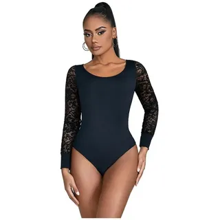 Lau-Fashion Body Bodysuits Langarm Spitze Lace Unterwäsche Blumen Reizwäsche S/XL schwarz S/M