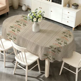 Botanisches Muster Tischdecke Oval 130 x 160 cm Abwaschbar, Wasserabweisend mit Lotuseffekt, Tischwäsche, Geometrische Blumen Tischtuch für Küche Balkon Garten Outdoor Party Deko A-44
