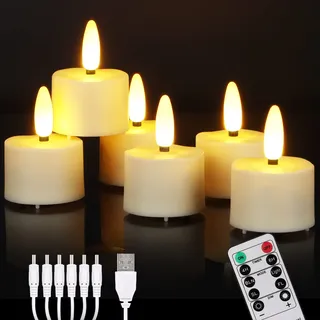 ZIYOUDOLI 6er Wiederaufladbare Aufladbare LED Teelichter mit Timer Fernbedienung USB-Kabel Flackernde Flammenlose LED Teelichter Warmweiß Dimmbar Geeignet für Weihnachten Hochzeit Party