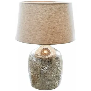 LOBERON Tischlampe Leonarda, Mundgeblasener Fuß, mit Burned-Finish und Filigranem Schliff, Tischleuchte, Wohn-Accessoire, Glas, Leinen, antiksilber/creme