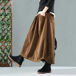 Rock Herbst Winter Cordrock Frauen Vintage Midi Lange Röcke Weibliche Elastische Taille A-Linie Faltenrock Big Size OneSize Braun - Einheitsgröße